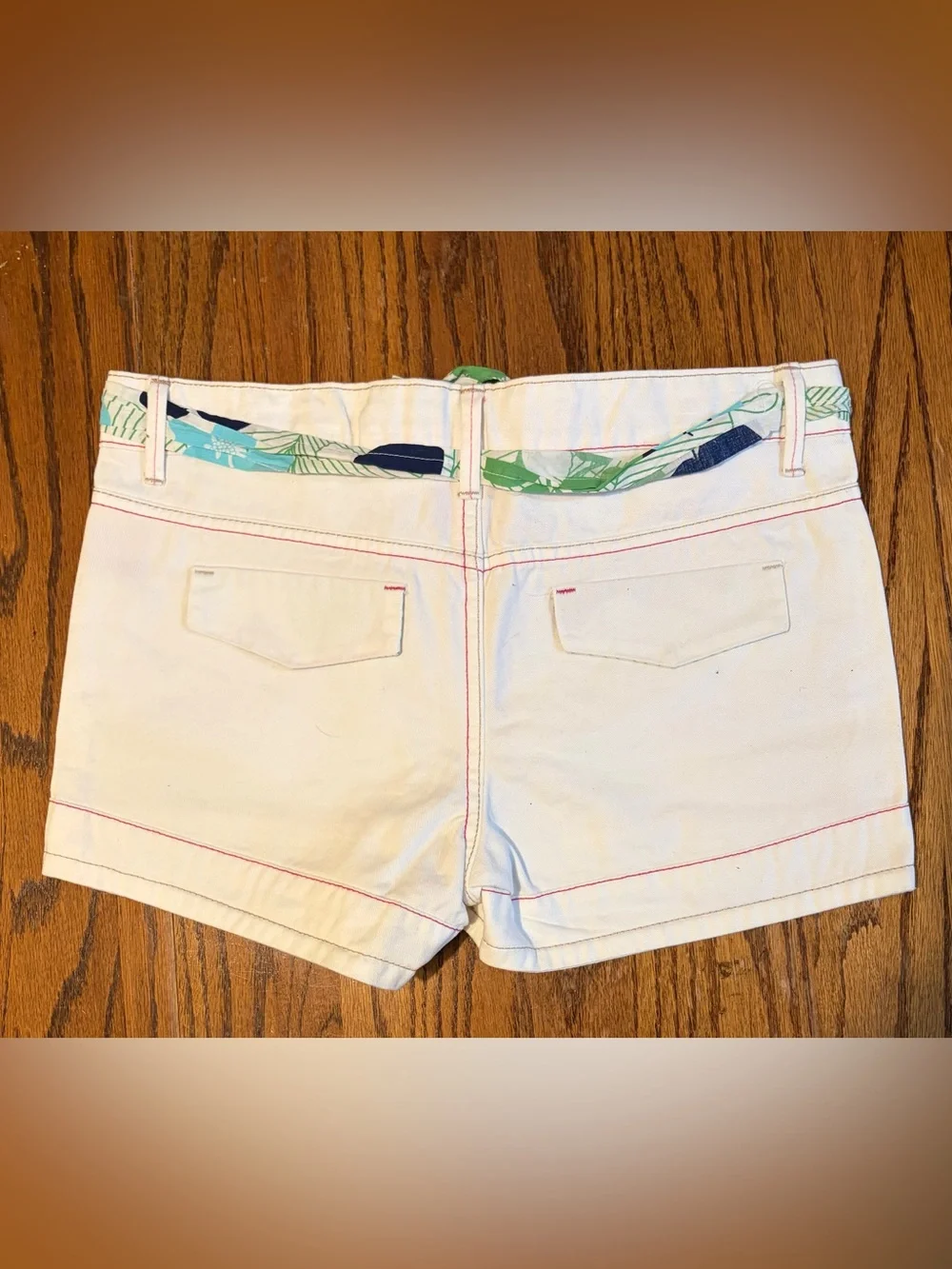 Faded Glory Teal, Cream & Tan Women's Casual Shorts Trio with Floral Tie Belts